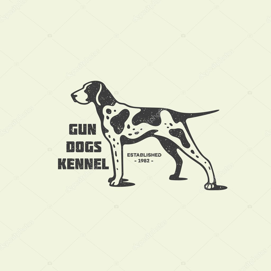 Pointer dog logo design template with stamp effect. Vector illustration.