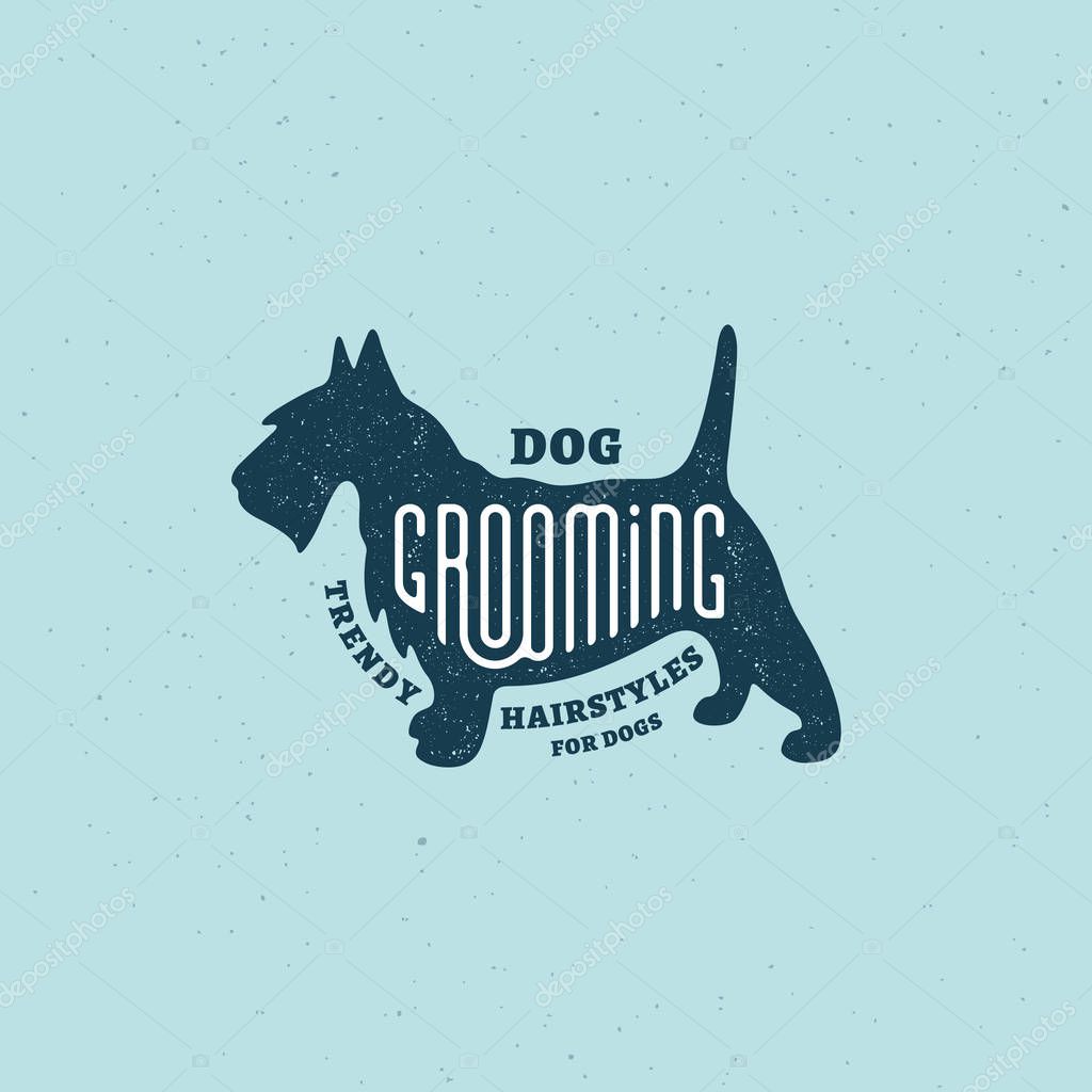 Lettering Grooming on scottish terrier silhouette with stamp effect for logo, label, badge, emblem design. Vector illustration.