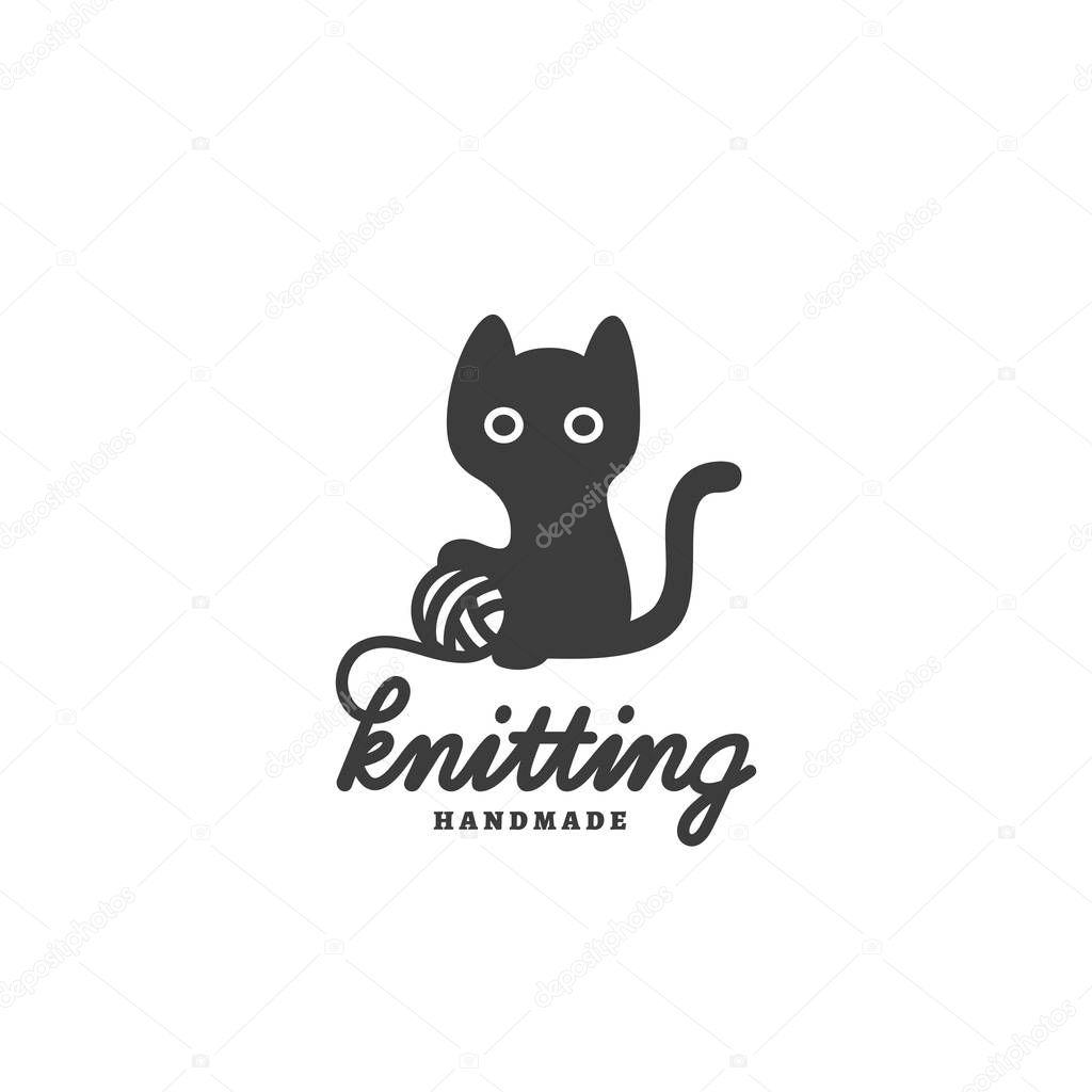 Knitting logo design template with black cat and ball of wool. Vector illustration.