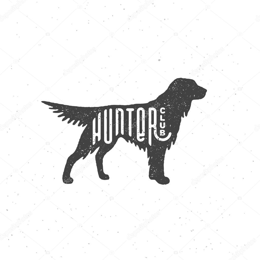 Lettering Hunter club on setter silhouette with stamp effect for logo, label, badge, emblem design. Vector illustration.