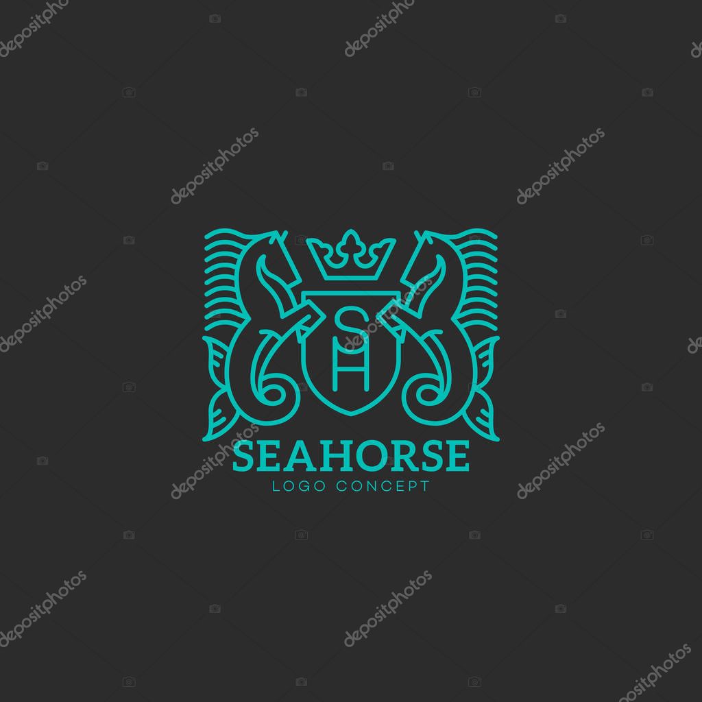 Seahorse logo design template in linear style. Vector illustration.