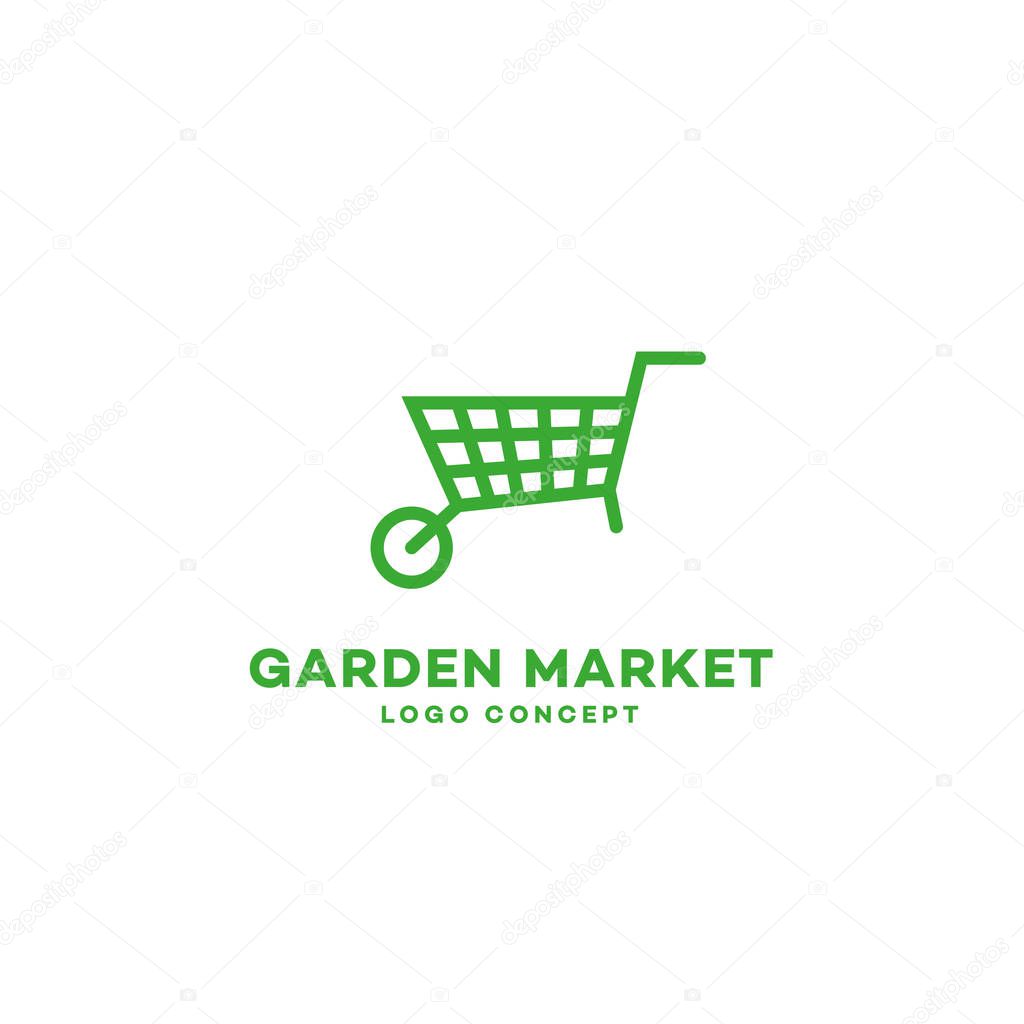 Garden market logo design template with stylized wheelbarrow. Vector illustration.