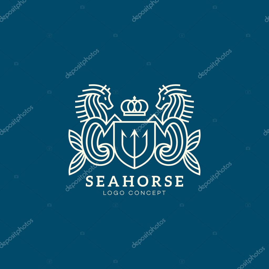 Seahorse logo design template with shield and crown. Vector illustration.