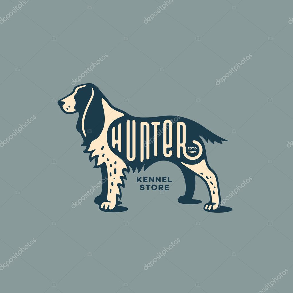 Lettering Hunter on springer spaniel for logo, label, badge, emblem design. Vector illustration.