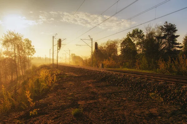 Şafakta trafolarla tren yolu.