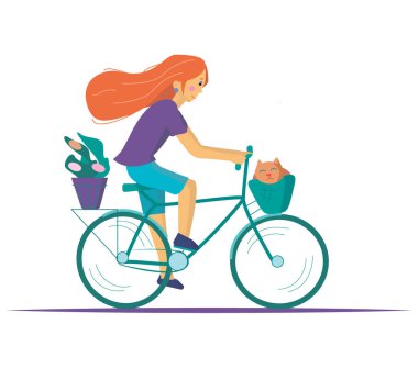 Kız üzerinde kedi ve bitki olan bir bisiklete biniyor. Yazdırma, web, yalan makinesi, vs. için vektör illüstrasyonu