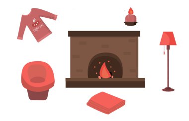 Şömine, lamba, mum, koltuk, kazak ve battaniye ile sonbahar seti. Tasarım, yalan makinesi, web tasarımı vs. için kullanılabilir