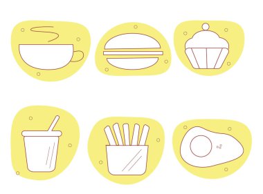 Yiyecek görüntüsü olan vektör simgeleri. Kahve, hamburger, kek, içecek, cuma, yumurta. Yalan makinesi, web tasarımı vs.