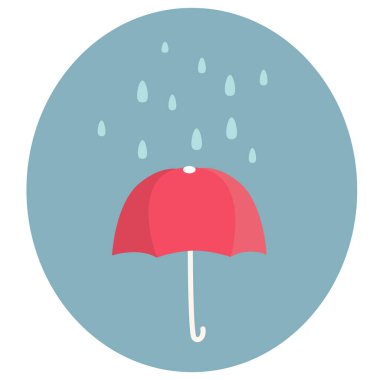 Mavi arka planda kırmızı şemsiye ve yağmur damlaları. Yalan makinesi, web tasarımı vs. için vektör illüstrasyonu