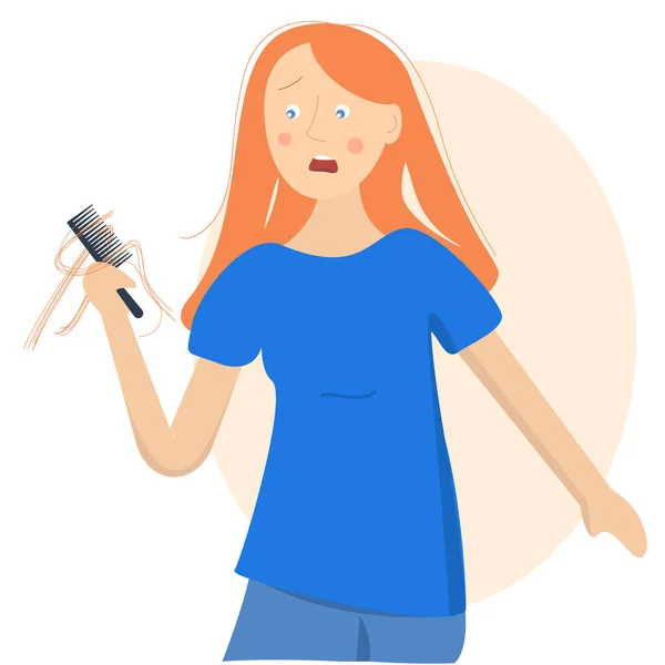 Meisje met haarborstel met haar haar. Vector illustratie van haarproblemen. — Stockvector