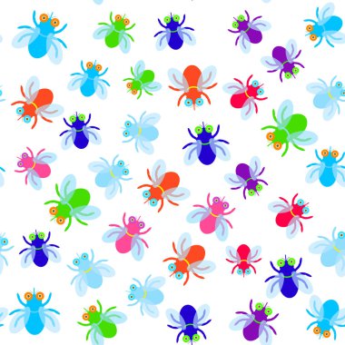 Dikişsiz desen komik beyaz arka plan üzerinde renkli kırmızı yeşil mavi mor pembe şeffaf kanatlı sinek. Vektör çizim