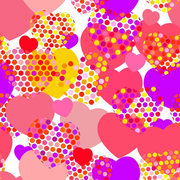 ピンク オレンジ ライラック赤黄色ハート白地水玉ハート シームレス パターン ベクトル図 — ストックベクタ