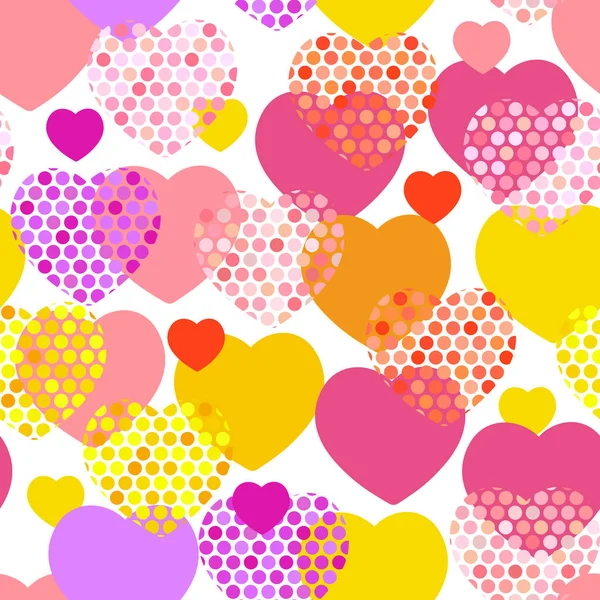 粉红色橙色淡紫色红色黄色心脏与波尔卡点心脏无缝的样式在白色背景 向量例证 — 图库矢量图片