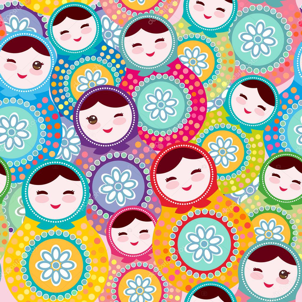 Russian dolls matryoshka, pink blue green colors colorful bright, seamless pattern. Vector illustration