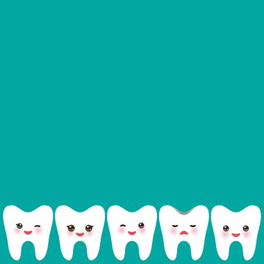 Gülümseyen diş kart tasarımı, metin, mavi arka plan için şablon. Vektör çizim