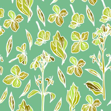 Dikişsiz desen, yaprak ve çiçek, turuncu ve yeşil yeşil bir arka plan üzerine yaz. Vektör çizim