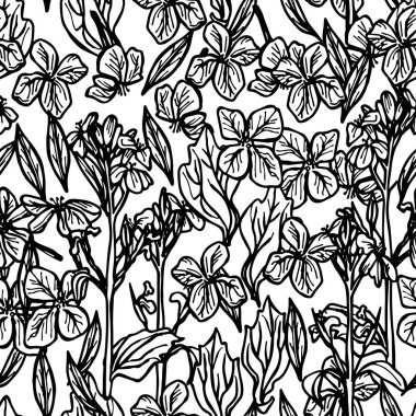 Yaz Dikişsiz desen, yapraklar ve çiçekler, kroki, beyaz arka planda siyah anahat. Vektör çizim