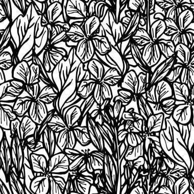 Yaz Dikişsiz desen, yapraklar ve çiçekler, kroki, beyaz arka planda siyah anahat. Vektör çizim