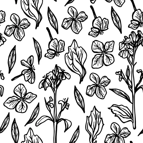 Seamless Mönster Blad Och Blommor Skiss Svart Vit Bakgrund Vektorillustration — Stock vektor