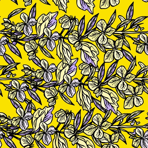 Літній Безшовний Візерунок Листя Квіти Ескіз Жовтий Чорний Жовтому Тлі — стоковий вектор