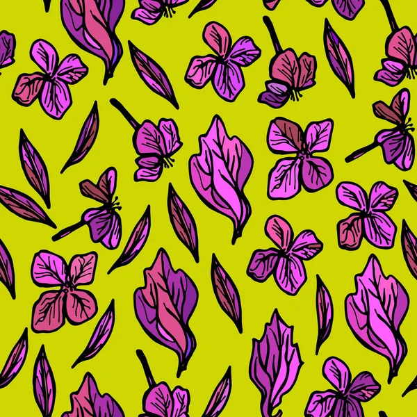 Summer Seamless Pattern Leaves Flowers Sketch Lilac Purple Green Background — Stock Vector