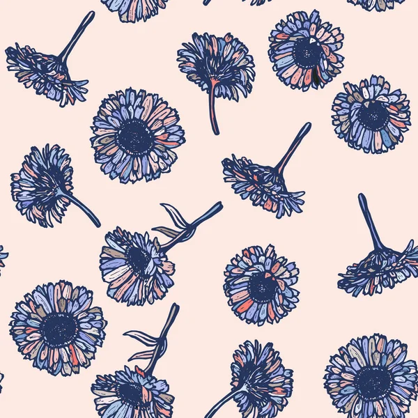 Autumn Calendula Flowers Sketch Blue Outline Pink Background Vector Illustration — Stock Vector