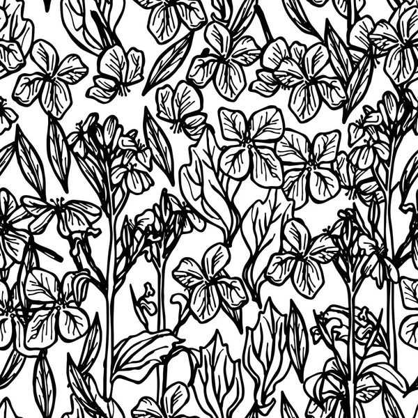 Motif Sans Couture Été Feuilles Fleurs Croquis Contour Noir Sur — Image vectorielle