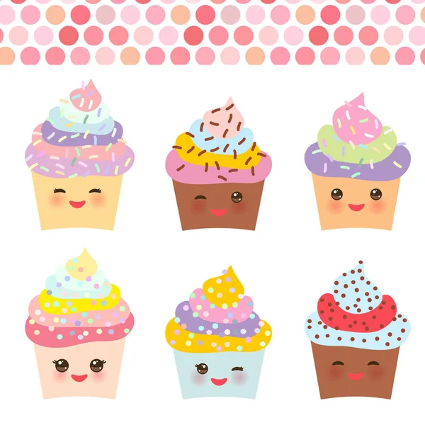 Design Karty Cupcake Kawaii Legrační Tlama Růžové Tváře Mrkající Oči — Stockový vektor