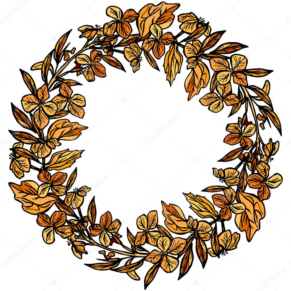 autumn round frame, wreath of branches and flowers, leaves and flowers, sketch, orange and black on white background. Vector illustration