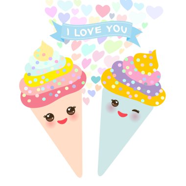 Kart tasarımı Kawaii buz krem gözleme koni komik namlu pembe yanakları ile seni seviyorum ve göz kırptı, pastel renkler beyaz arka plan üzerinde. Vektör çizim