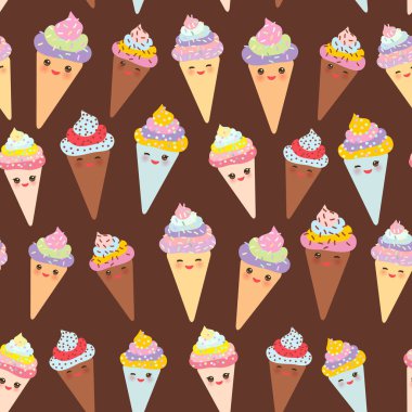 Dikişsiz desen Kawaii komik dondurmalar gözleme koni, namlu pembe yanaklar ve kırpışan gözlü, beyaz arka plan üzerinde pastel renkler. Vektör çizim