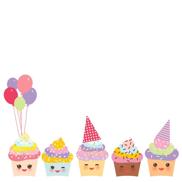 Happy Birthday Card Design Mit Cupcake Kawaii Lustig Schnauze Mit — Stockvektor