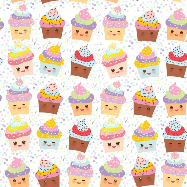 Dikişsiz Desen Cupcake Kawaii Komik Namlu Pembe Yanaklar Kırpışan Gözlü — Stok Vektör