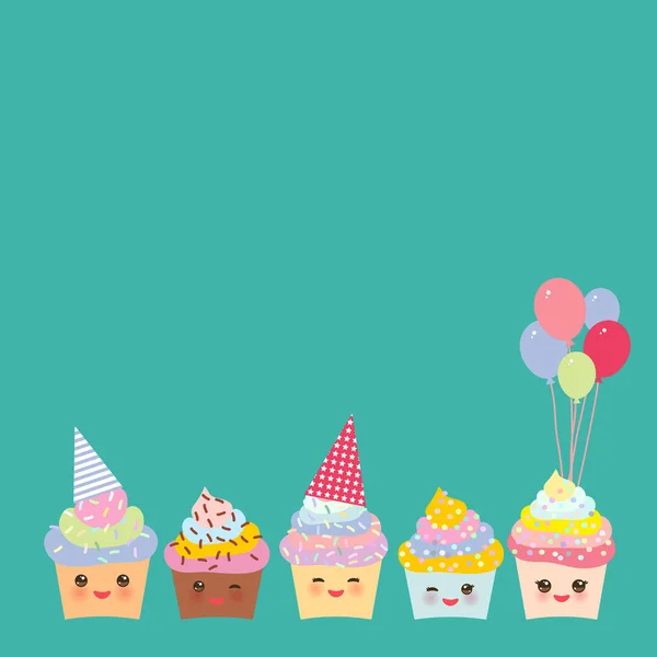 Happy Birthday Card Design Mit Cupcake Kawaii Lustig Schnauze Mit — Stockvektor