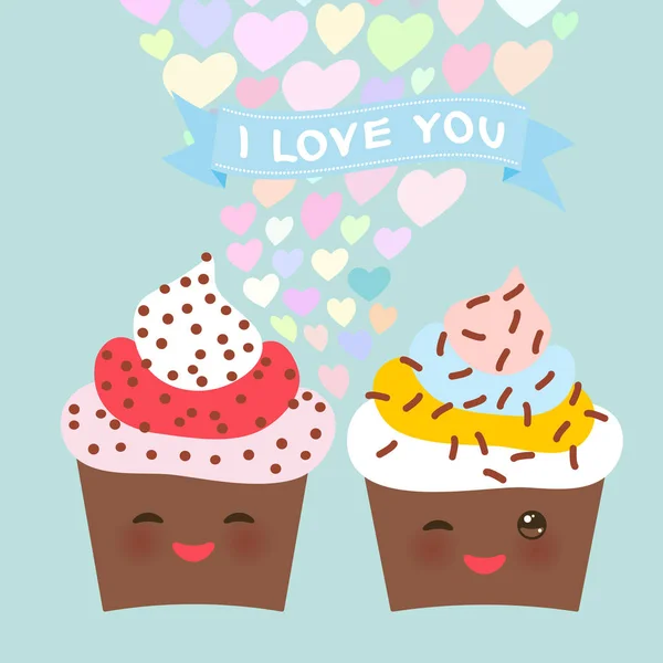 Love You Card Design Chocolate Cupcake Kawaii Funny Muzzle Pink — Stock Vector