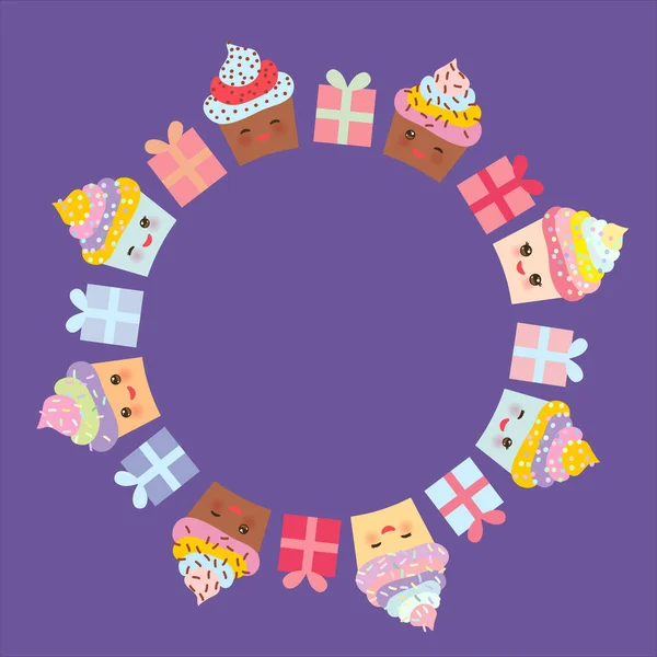 Design Della Carta Con Cornice Rotonda Muso Divertente Cupcake Kawaii — Vettoriale Stock