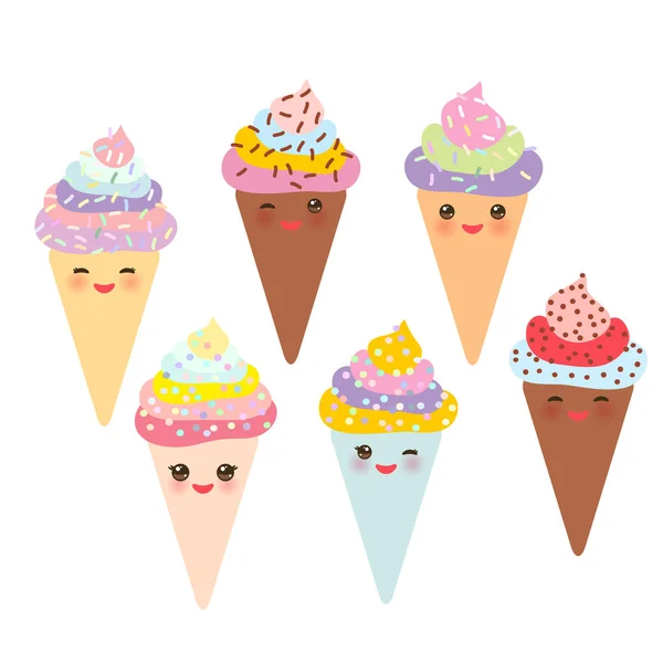 Sorvete Waffle Cone Kawaii Focinho Engraçado Com Bochechas Rosa Olhos —  Vetores de Stock