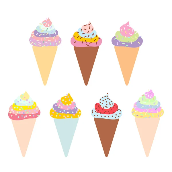 Cone Waffle Sorvete Conjunto Com Creme Polvilhas Cores Pastel Fundo — Vetor de Stock