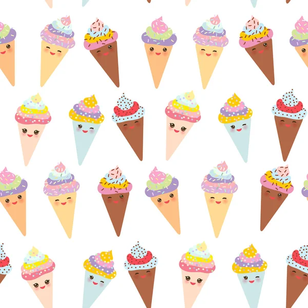 Seamless Pattern Kawaii Funny Ice Cream Waffle Cone Muzzle Pink — Stock Vector