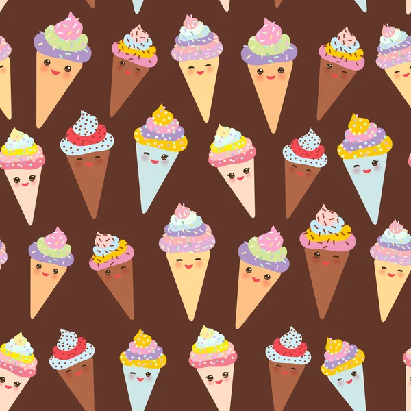 Seamless Pattern Kawaii Funny Ice Cream Waffle Cone Muzzle Pink — Stock Vector