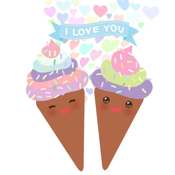 Amo Diseño Tarjetas Con Chocolate Helado Gofre Cono Kawaii Bozal — Vector de stock