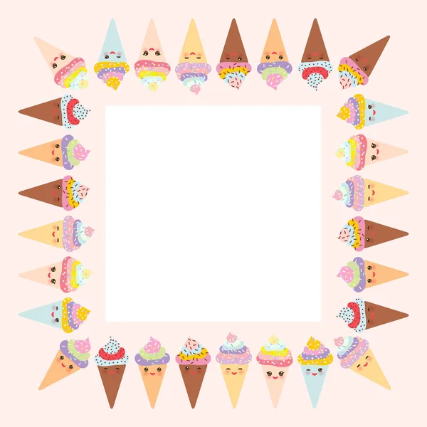 卡设计为您的文本 横幅模板与方形框架 Kuaii 有趣的冰淇淋华夫饼锥 枪口与粉红色的脸颊和眨眼的眼睛 柔和的颜色在白色的背景 向量例证 — 图库矢量图片