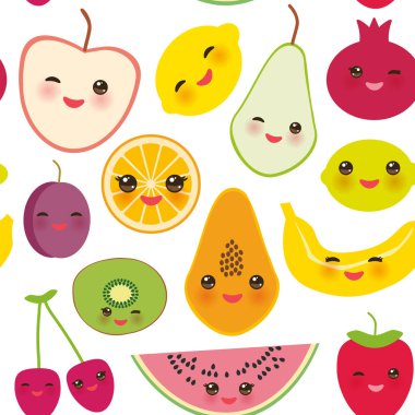 Dikişsiz desen çilek kiraz kireç limon portakal muz, kivi, Erik, elma, karpuz, nar, papaya, armut, beyaz zemin üzerine armut. Vektör çizim