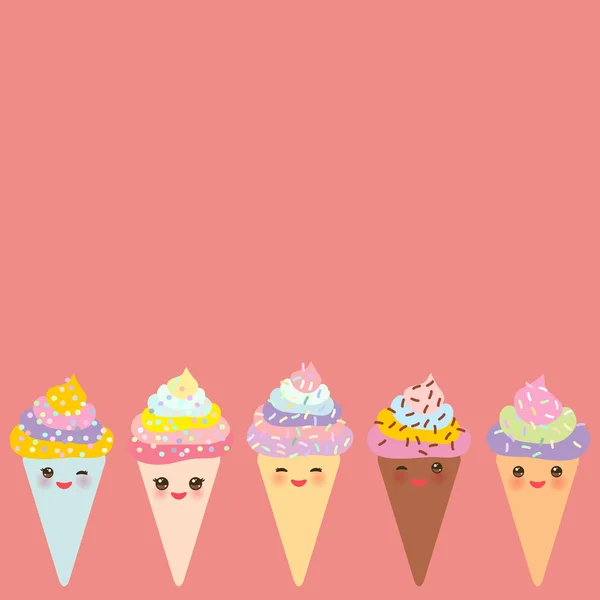 卡设计为您的文本 横幅模板 Kuaii 有趣的冰淇淋华夫饼锥 枪口与粉红色的脸颊和眨眼的眼睛 柔和的颜色在粉红色的背景 向量例证 — 图库矢量图片