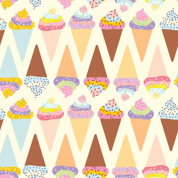 Seamless Pattern Ice Cream Waffle Cone Set Cream Sprinkles Pastel — Stock Vector