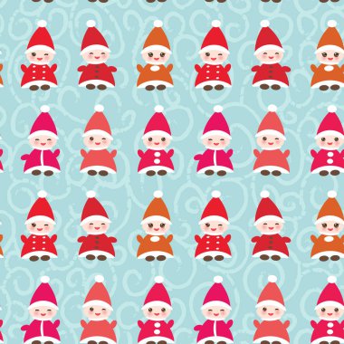 Mavi arka plan üzerinde kırmızı şapka seamless modeli mutlu yeni yıl komik cüceler. Vektör çizim