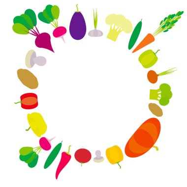 Sebze biber, kabak, pancar, havuç, patlıcan, kırmızı biber, karnabahar, brokoli, patates, mantar, salatalık, soğan, sarımsak, domates, turp beyaz izole kümesi. Vektör çizim