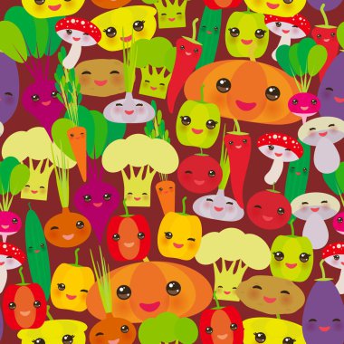 Dikişsiz desen Kawaii biber, kabak pancar havuç, patlıcan, kırmızı biber, karnabahar, brokoli, patates, mantar, salatalık, soğan, sarımsak, domates, turp kahverengi arka plan. Vektör çizim