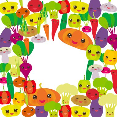 Çerçeve Kawaii biber, kabak pancar havuç, patlıcan, kırmızı biber, karnabahar, brokoli, patates, mantar, salatalık, soğan, sarımsak, domates, arka plan beyaz turp. Vektör çizim
