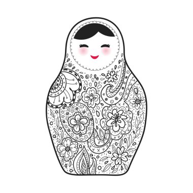 Rus Bebek matrioshka eşarp kroki beyaz arka plan üzerinde pembe yanakları güler yüz. Vektör çizim